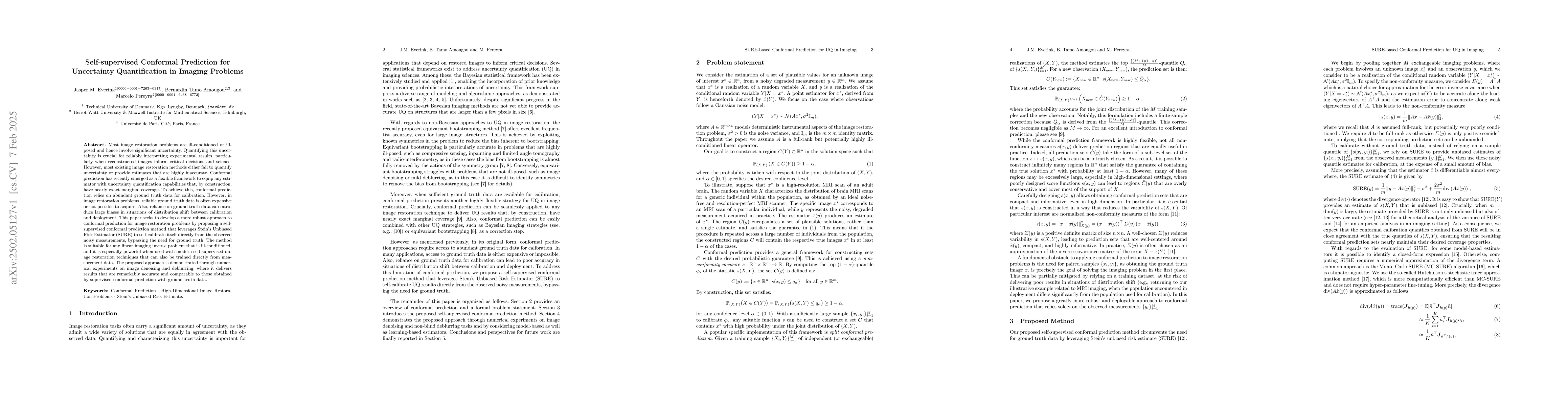 Thumbnail for Self-supervised Conformal Prediction for Uncertainty Quantification in
  Imaging Problems