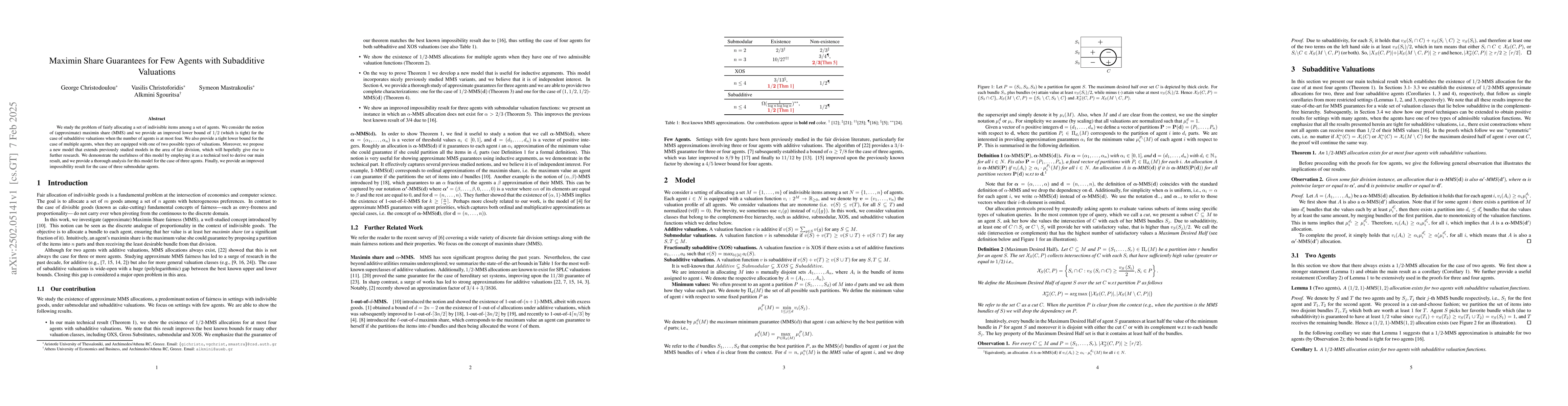 Thumbnail for Maximin Share Guarantees for Few Agents with Subadditive Valuations