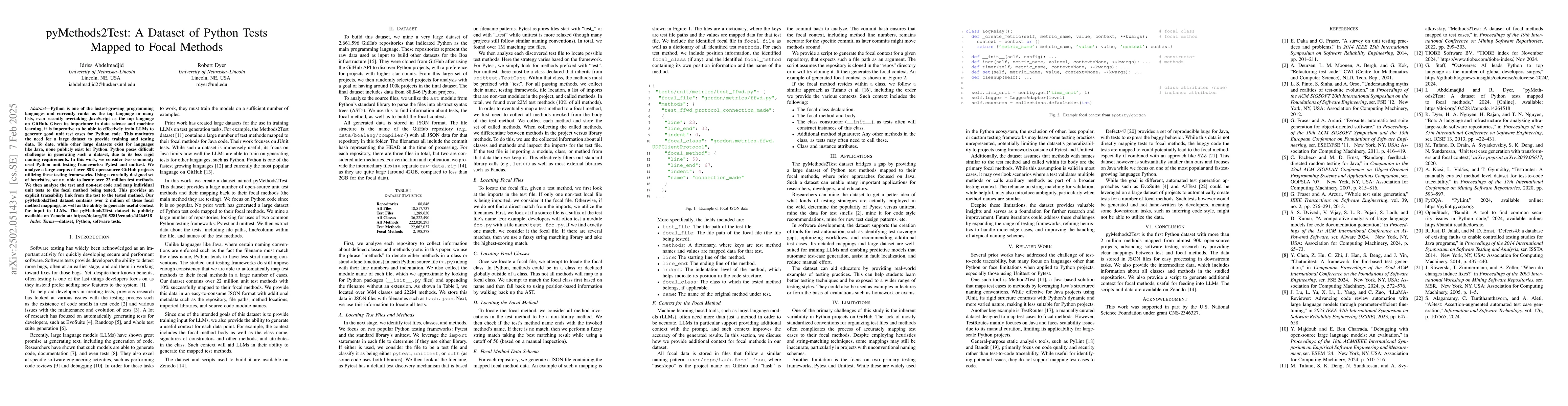 Thumbnail for pyMethods2Test: A Dataset of Python Tests Mapped to Focal Methods