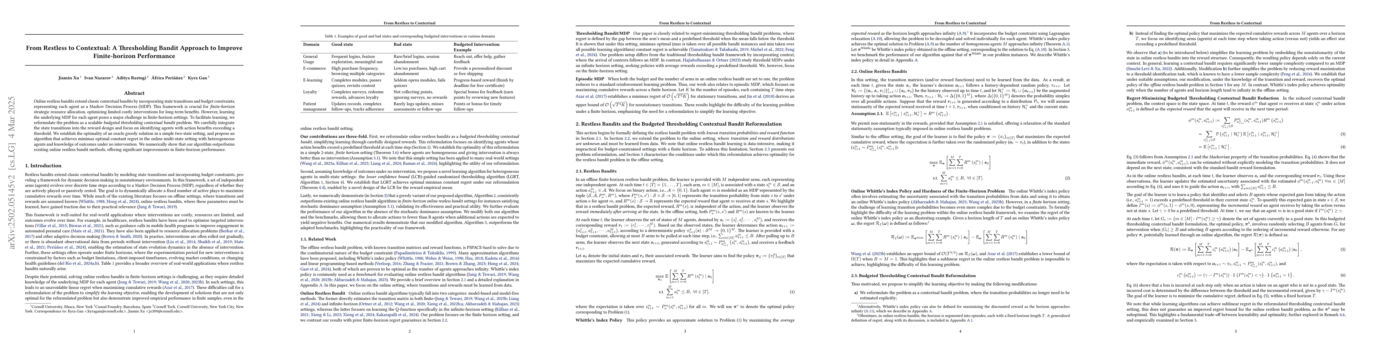 Thumbnail for From Restless to Contextual: A Thresholding Bandit Approach to Improve
  Finite-horizon Performance