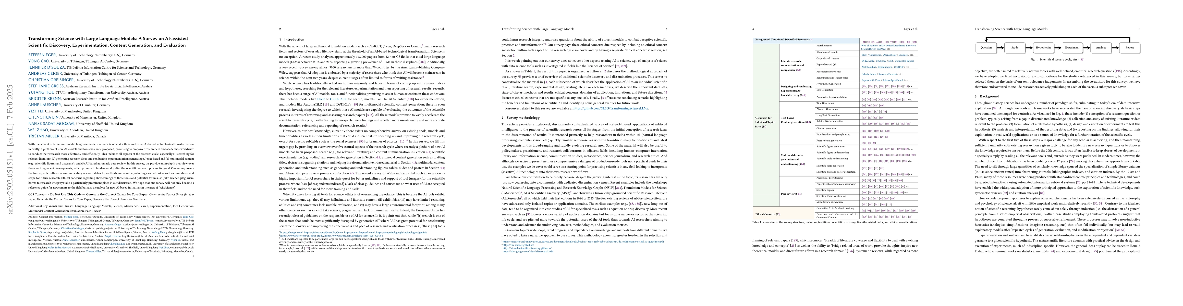 Thumbnail for Transforming Science with Large Language Models: A Survey on AI-assisted
  Scientific Discovery, Experimentation, Content Generation, and Evaluation