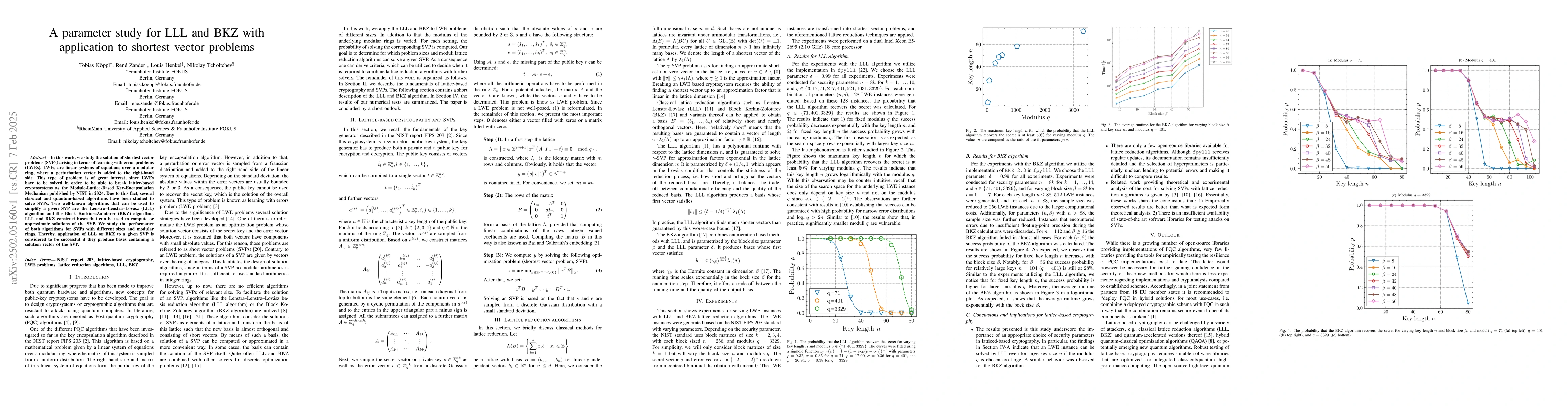 Thumbnail for A parameter study for LLL and BKZ with application to shortest vector
  problems