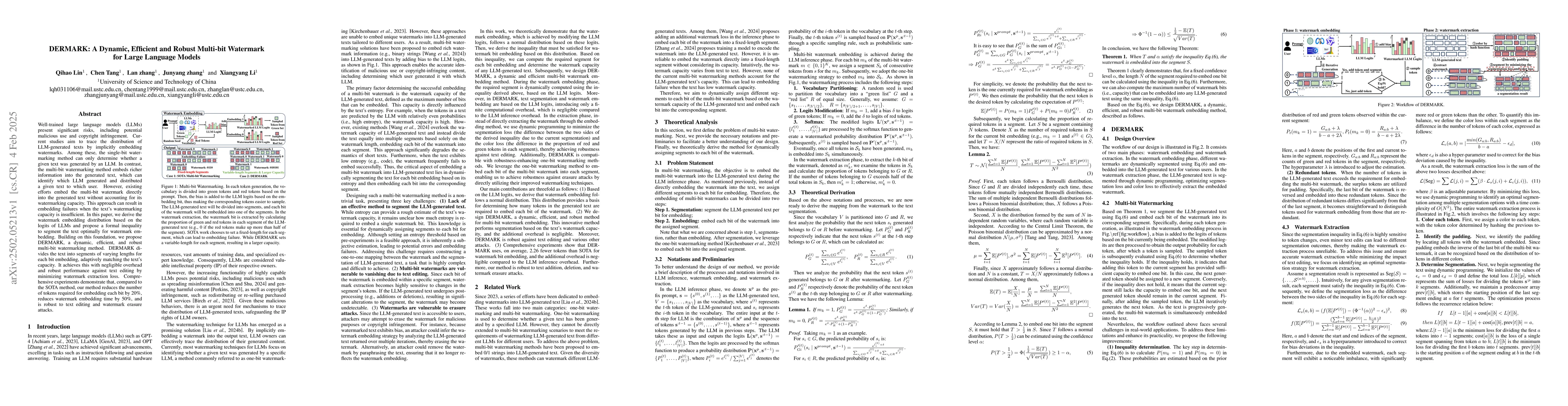 Thumbnail for DERMARK: A Dynamic, Efficient and Robust Multi-bit Watermark for Large
  Language Models