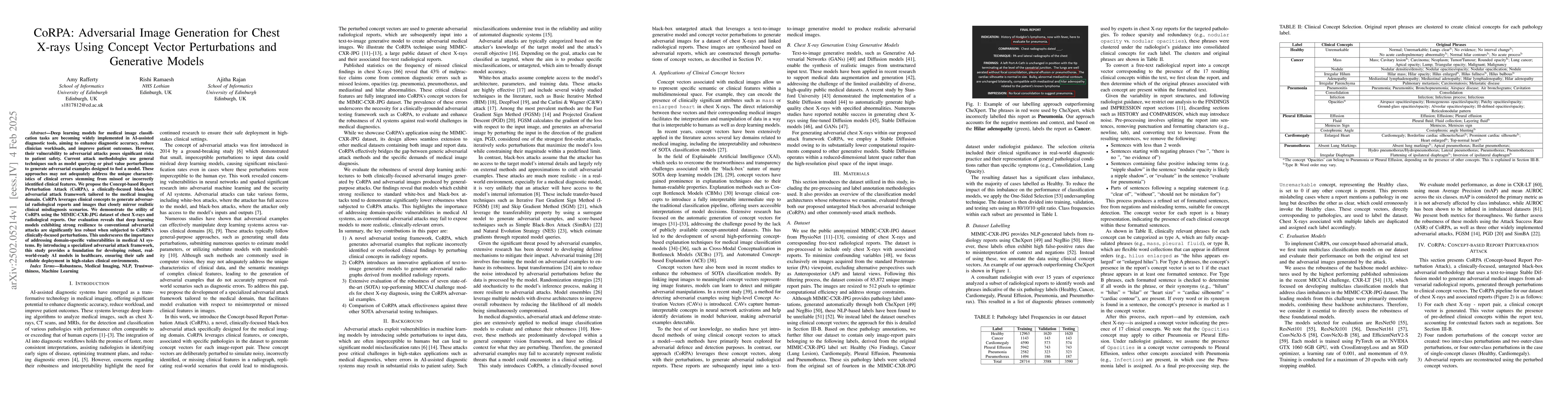 Thumbnail for CoRPA: Adversarial Image Generation for Chest X-rays Using Concept
  Vector Perturbations and Generative Models