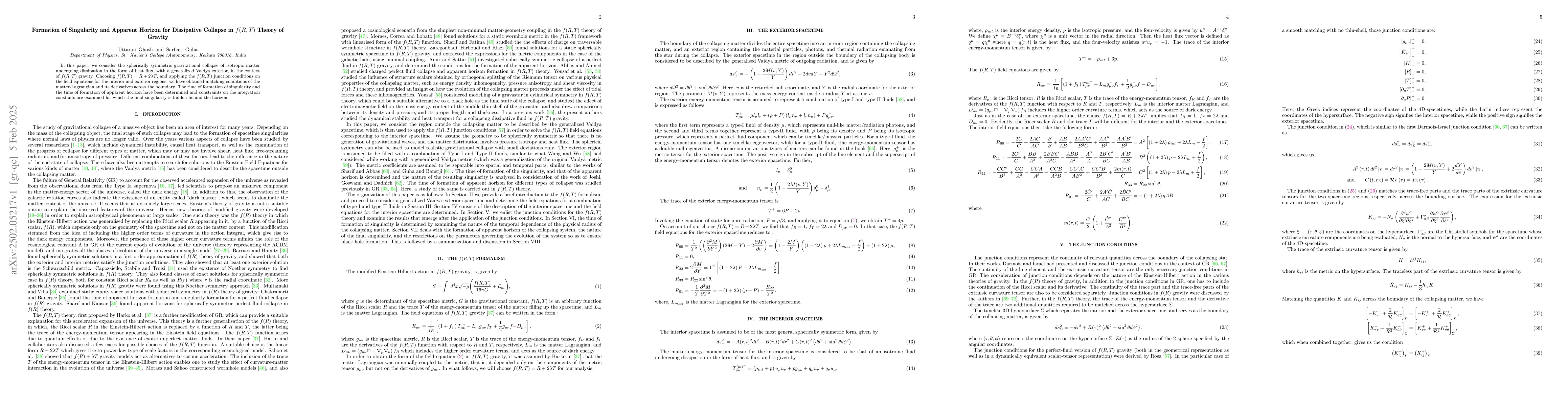 Thumbnail for Formation of Singularity and Apparent Horizon for Dissipative Collapse
  in $f(R,T)$ Theory of Gravity