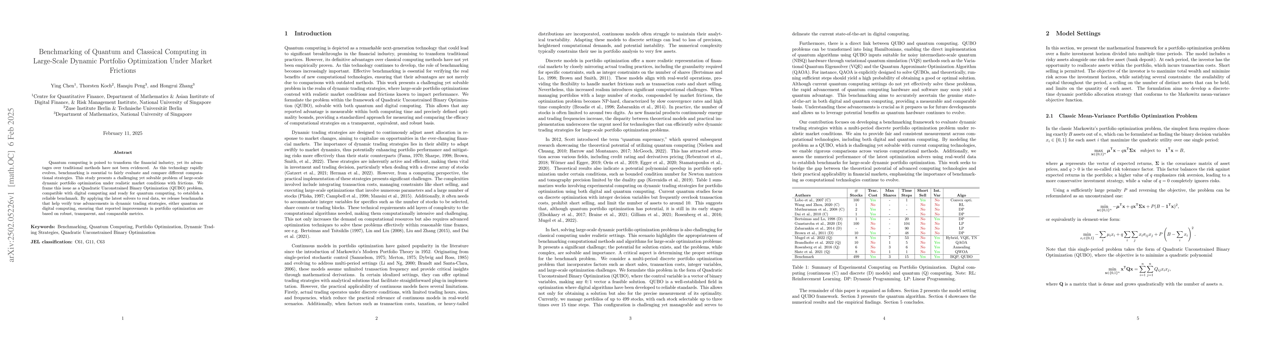 Thumbnail for Benchmarking of Quantum and Classical Computing in Large-Scale Dynamic
  Portfolio Optimization Under Market Frictions