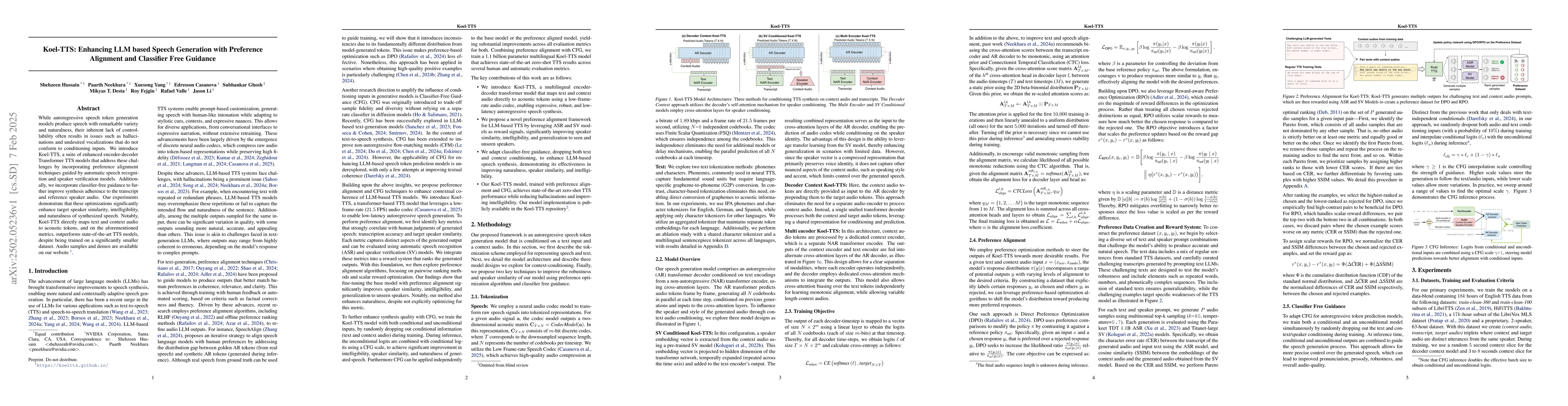 Thumbnail for Koel-TTS: Enhancing LLM based Speech Generation with Preference
  Alignment and Classifier Free Guidance