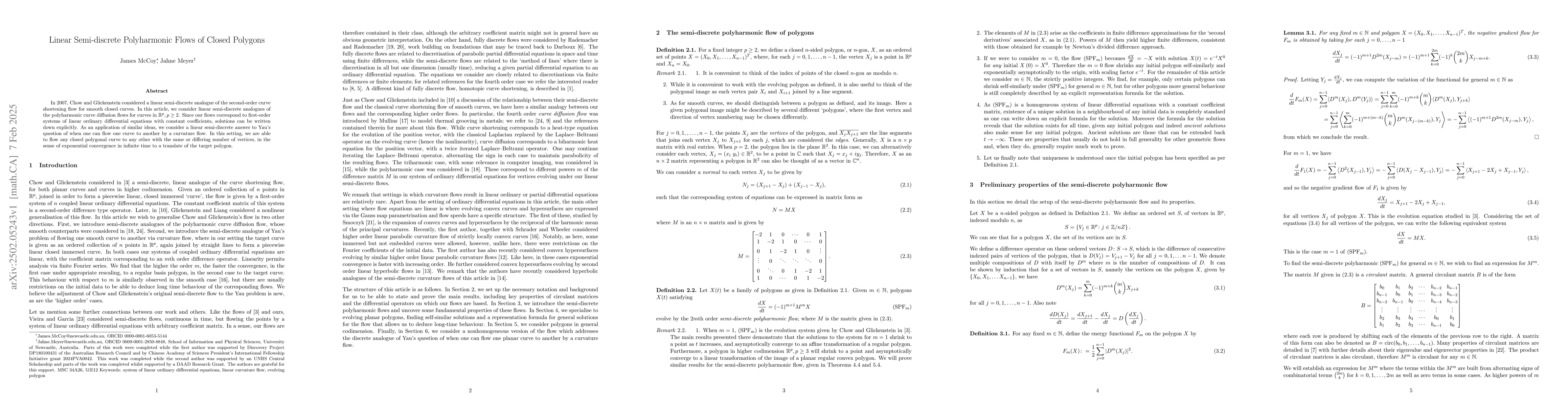 Thumbnail for Linear Semi-discrete Polyharmonic Flows of Closed Polygons