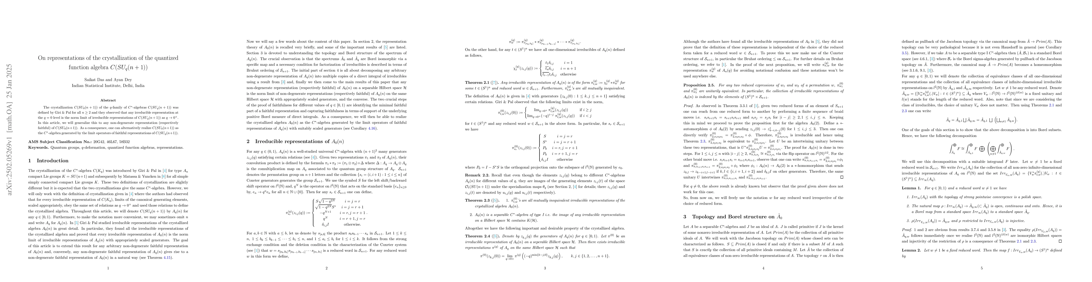 Thumbnail for On representations of the crystallization of the quantized function
  algebra C(SUq(n + 1))