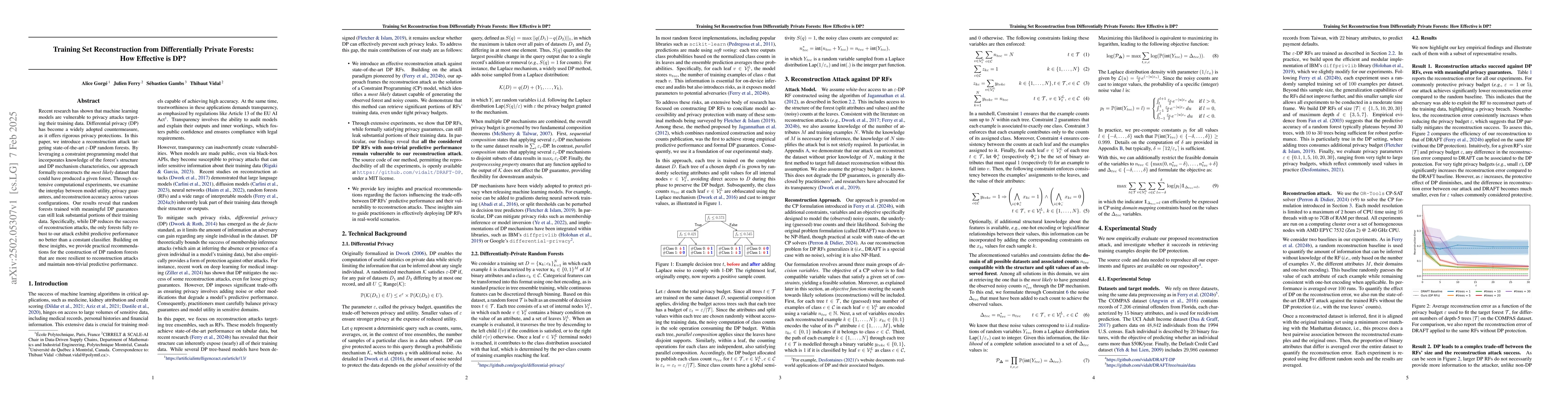 Thumbnail for Training Set Reconstruction from Differentially Private Forests: How
  Effective is DP?