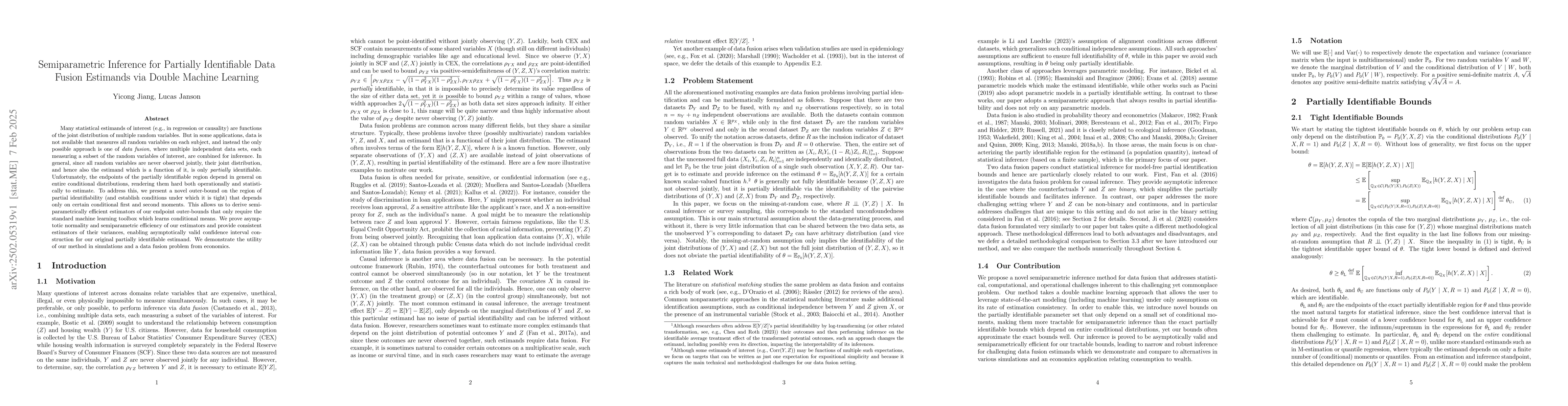 Thumbnail for Semiparametric Inference for Partially Identifiable Data Fusion
  Estimands via Double Machine Learning