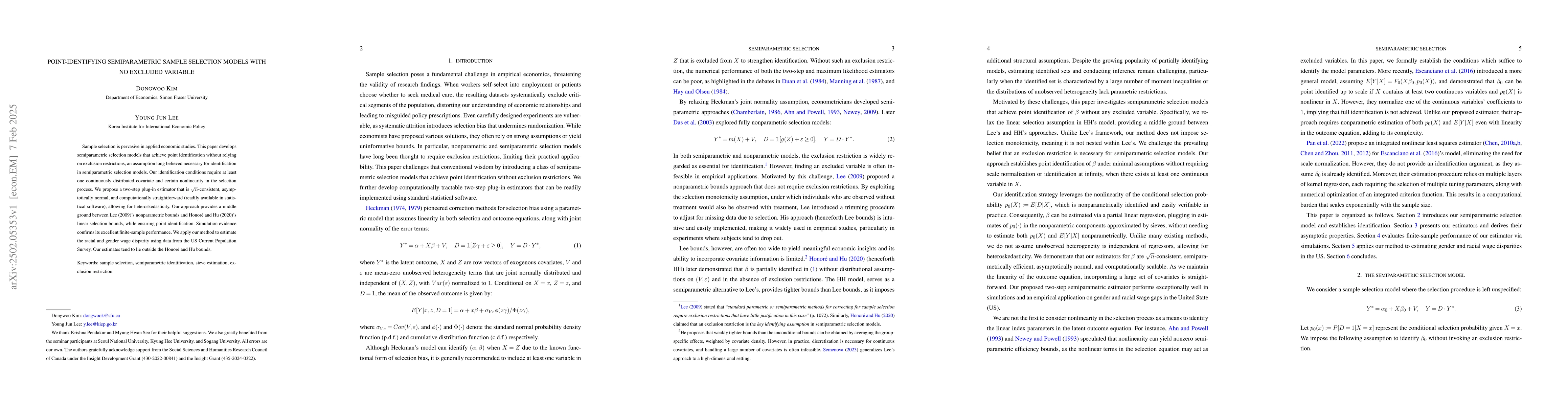 Thumbnail for Point-Identifying Semiparametric Sample Selection Models with No
  Excluded Variable