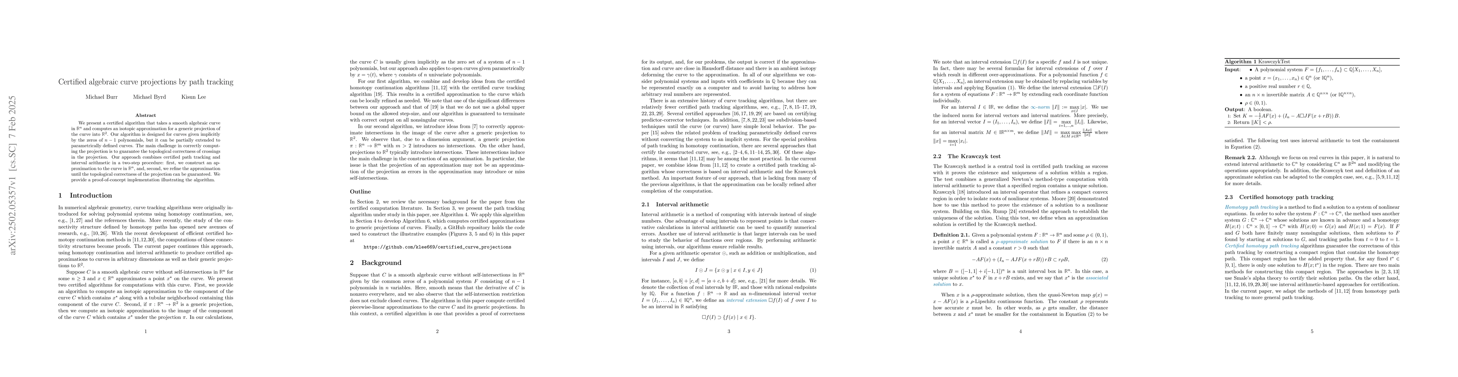 Thumbnail for Certified algebraic curve projections by path tracking