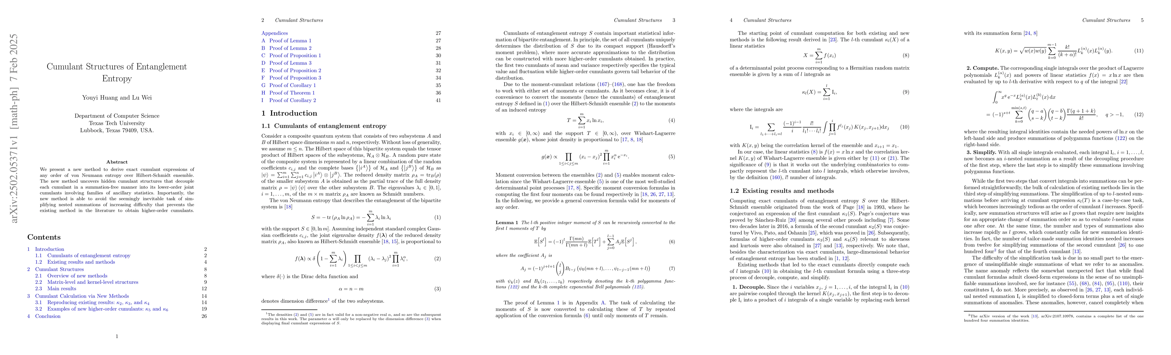 Thumbnail for Cumulant Structures of Entanglement Entropy