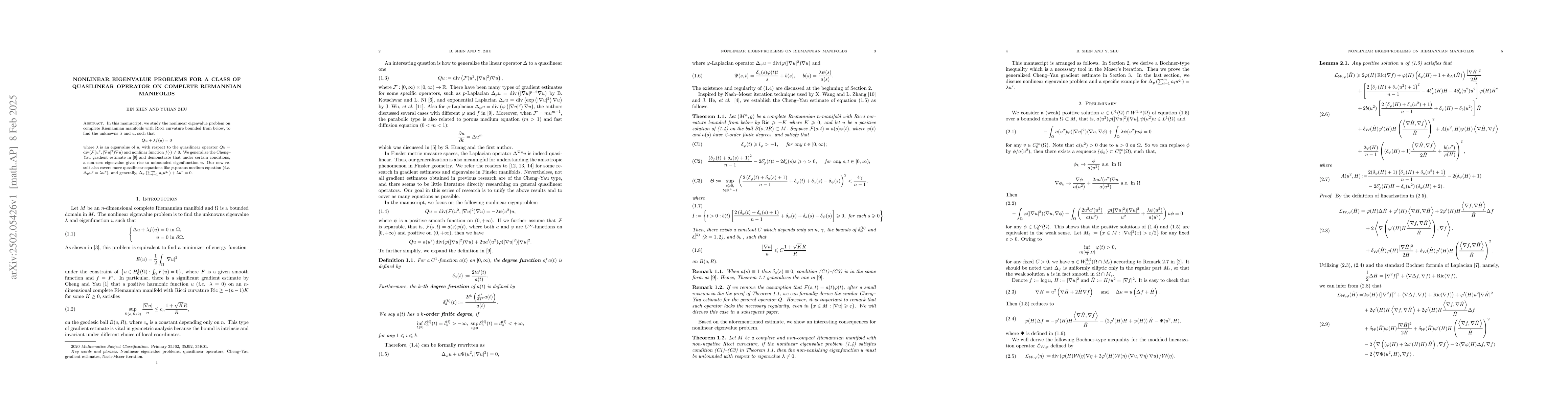 Thumbnail for Nonlinear eigenvalue problems for a class of quasilinear operator on
  complete Riemannian manifolds