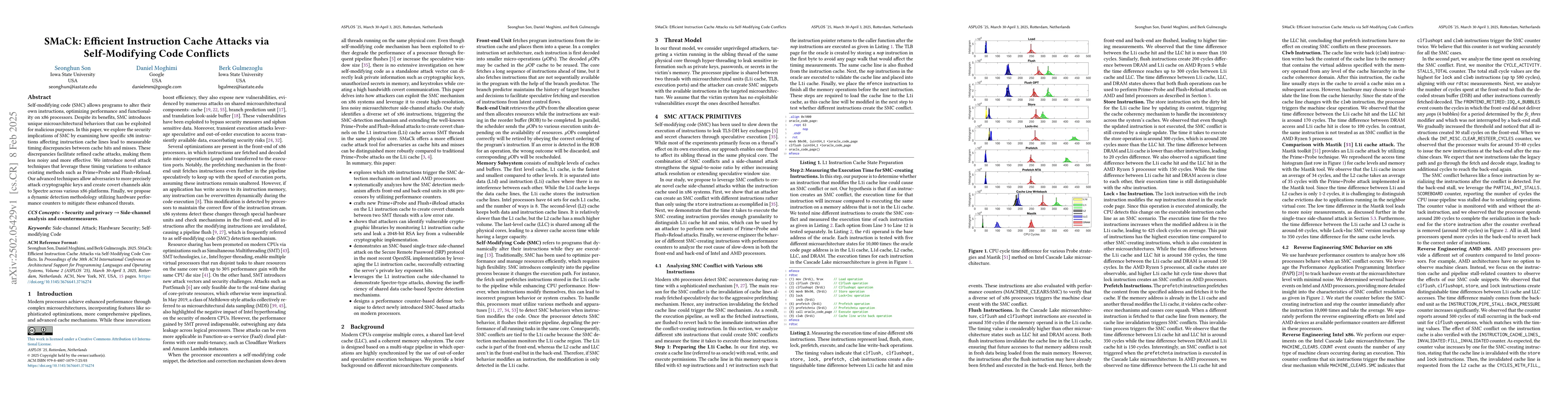 Thumbnail for SMaCk: Efficient Instruction Cache Attacks via Self-Modifying Code
  Conflicts