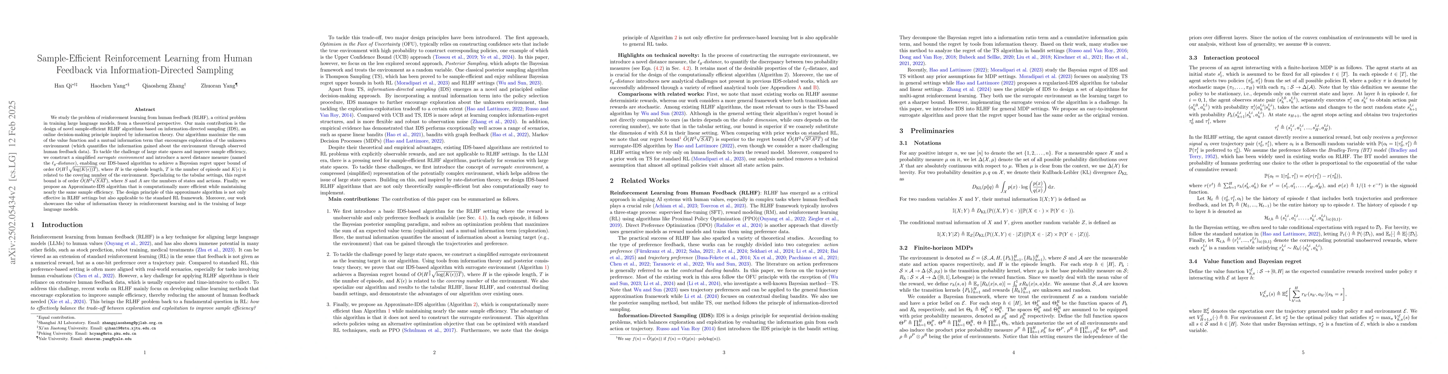 Thumbnail for Sample-Efficient Reinforcement Learning from Human Feedback via
  Information-Directed Sampling