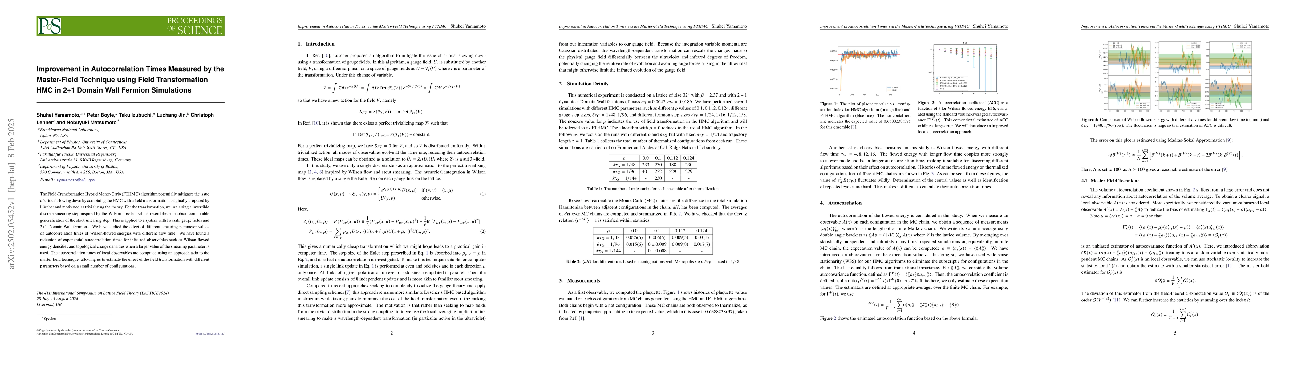 Thumbnail for Improvement in Autocorrelation Times Measured by the Master-Field
  Technique using Field Transformation HMC in 2+1 Domain Wall Fermion
  Simulations
