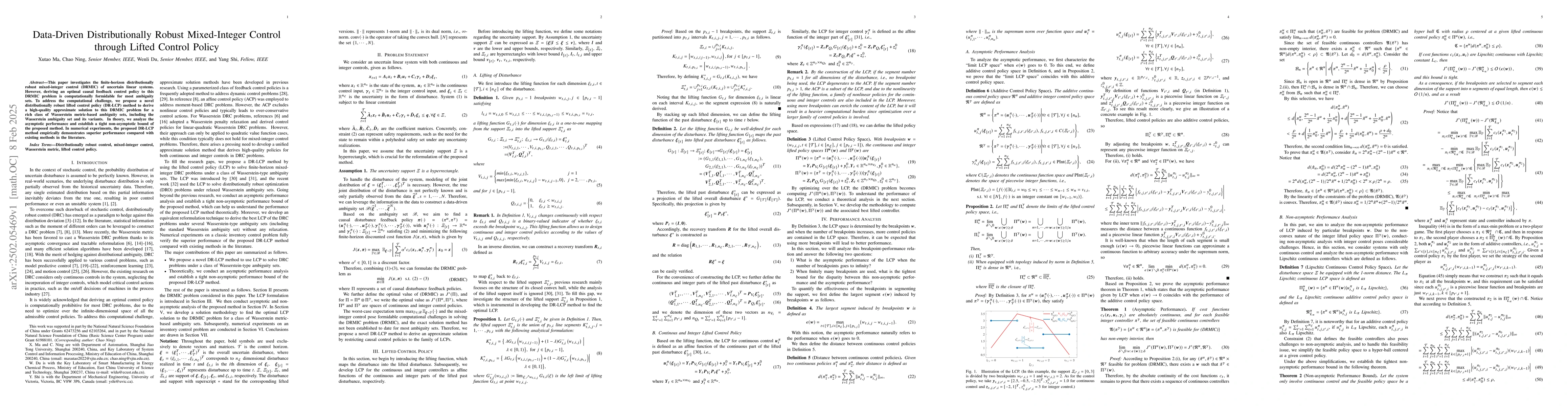 Thumbnail for Data-Driven Distributionally Robust Mixed-Integer Control through Lifted
  Control Policy