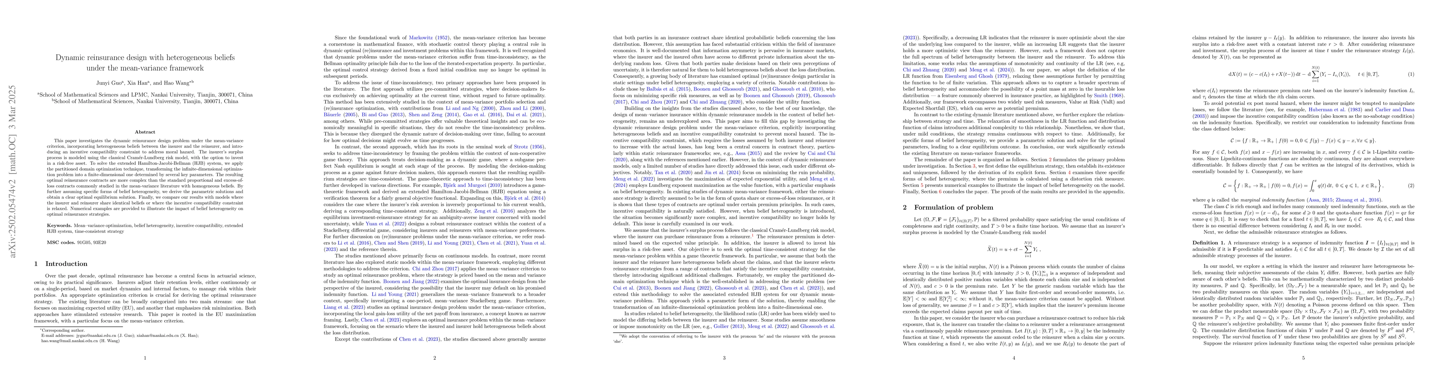 Thumbnail for Dynamic reinsurance design with heterogeneous beliefs under the
  mean-variance framework