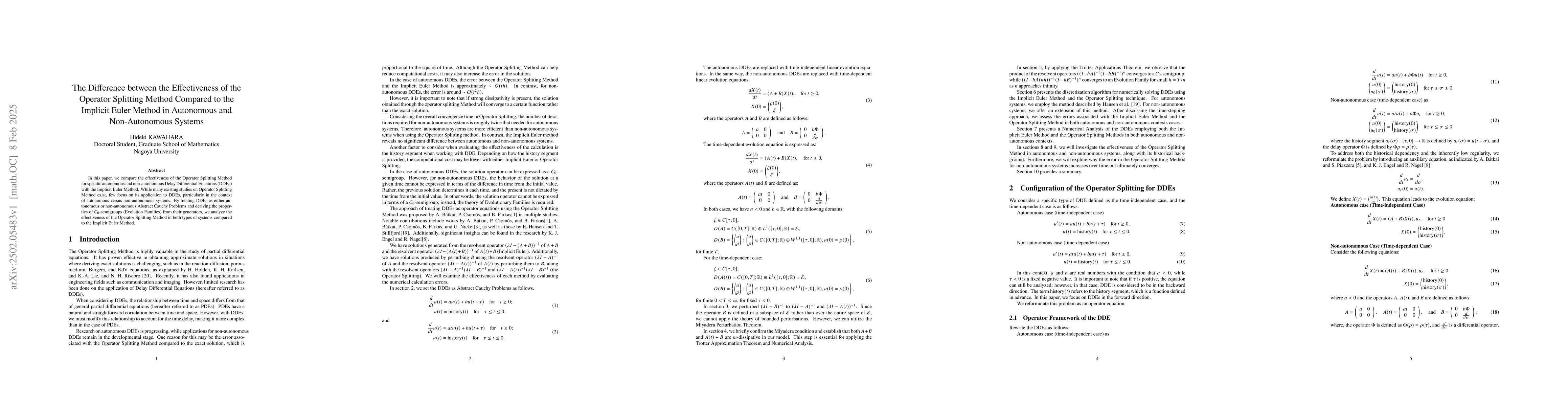 Thumbnail for The Difference between the Effectiveness of the Operator Splitting
  Method Compared to the Implicit Euler in Autonomous and Non-Autonomous
  Systems