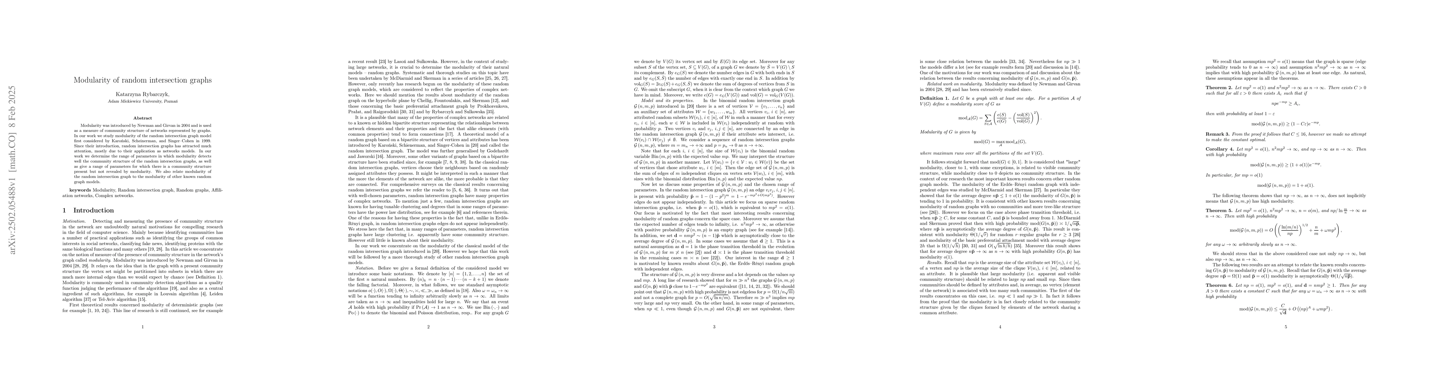Thumbnail for Modularity of random intersection graphs