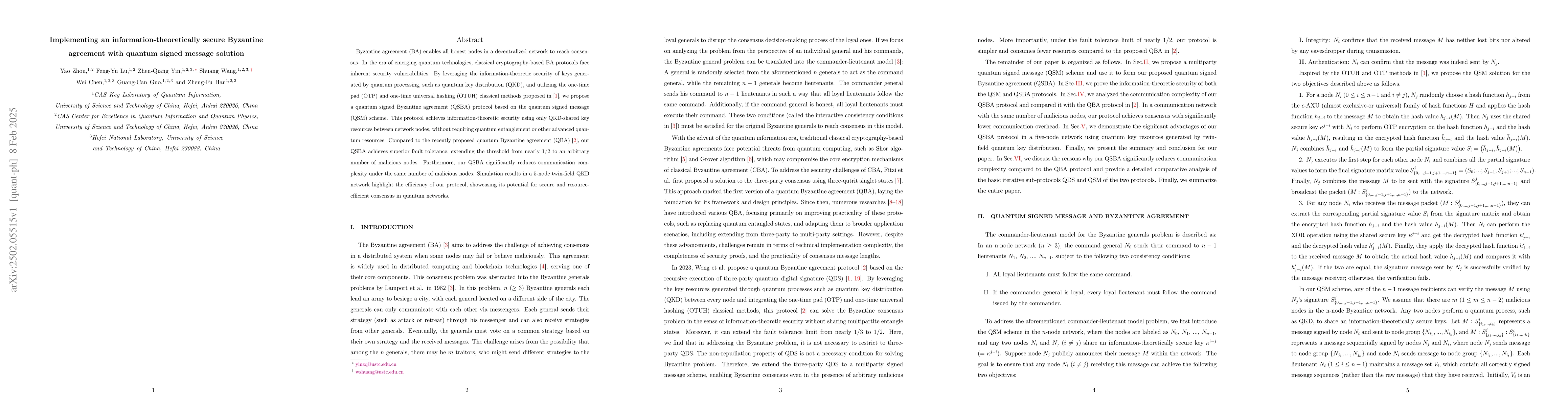 Thumbnail for Implementing an information-theoretically secure Byzantine agreement
  with quantum signed message solution