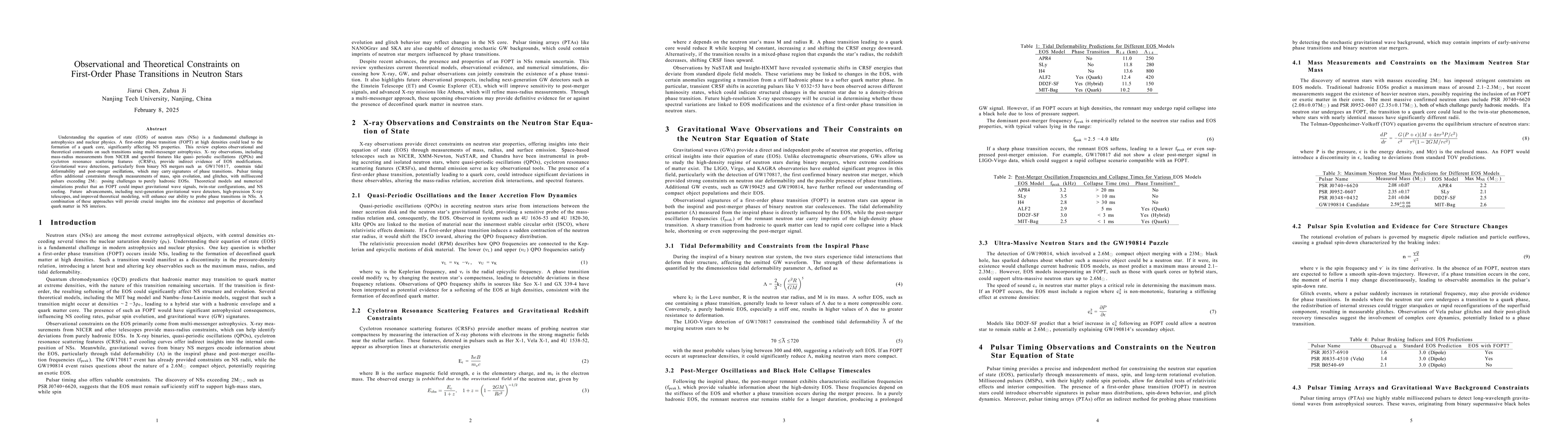 Thumbnail for Observational and Theoretical Constraints on First-Order Phase
  Transitions in Neutron Stars