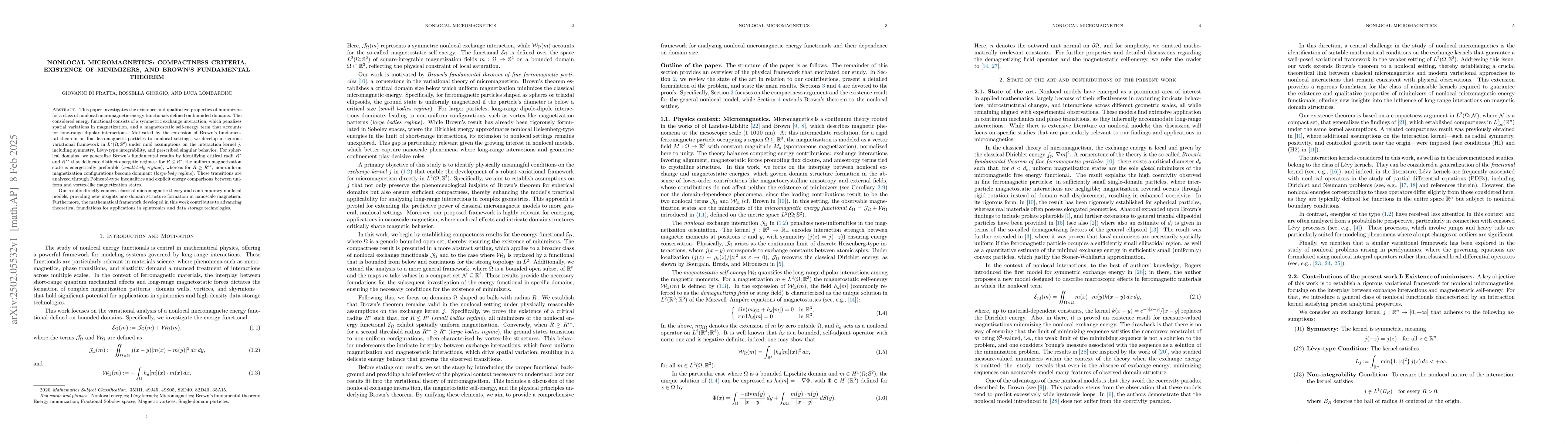 Thumbnail for Nonlocal Micromagnetics: Compactness Criteria, Existence of Minimizers,
  and Brown's Fundamental Theorem
