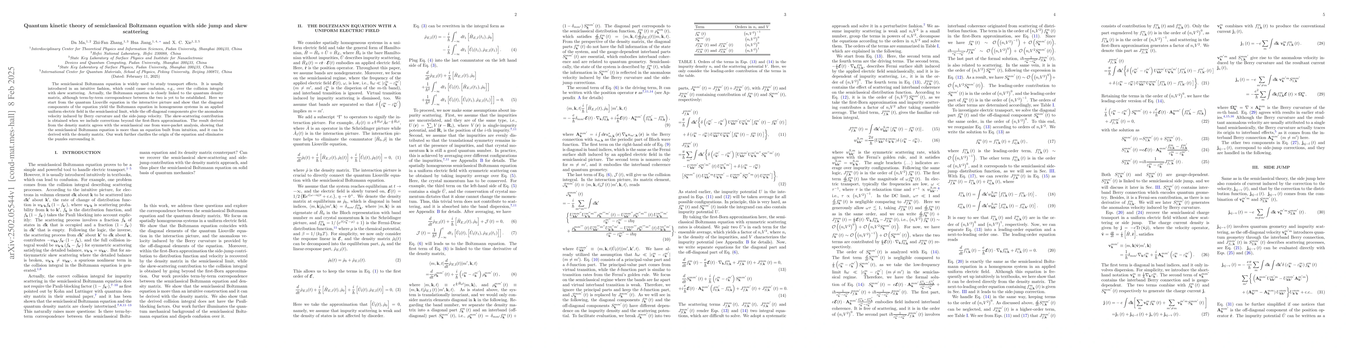 Thumbnail for Quantum kinetic theory of semiclassical Boltzmann equation with side
  jump and skew scattering