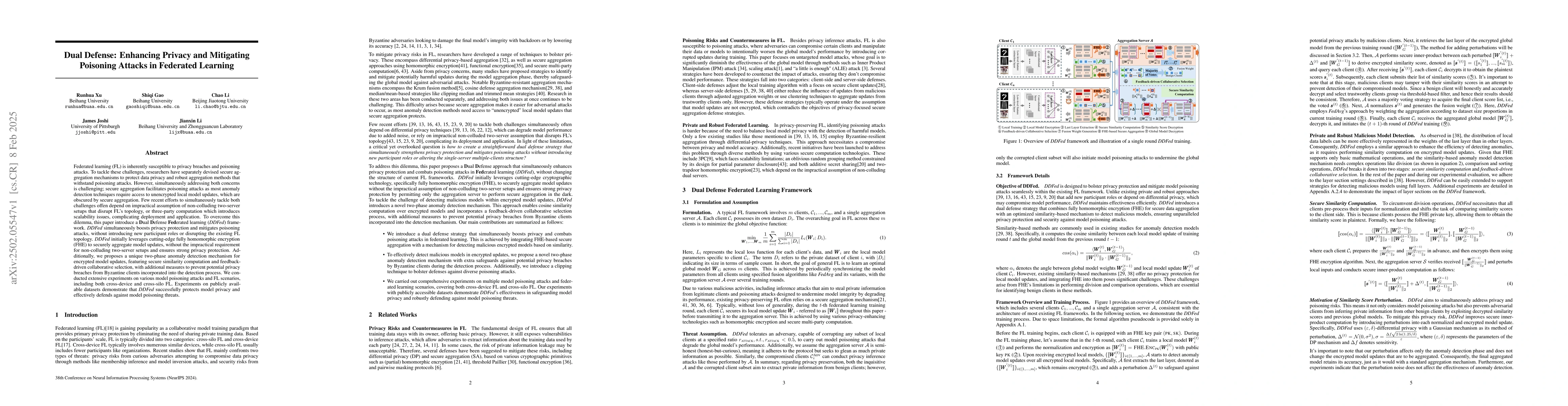 Thumbnail for Dual Defense: Enhancing Privacy and Mitigating Poisoning Attacks in
  Federated Learning