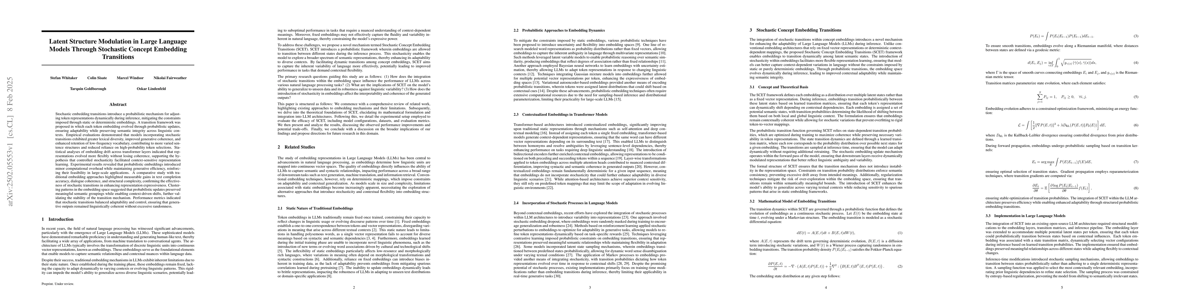 Thumbnail for Latent Structure Modulation in Large Language Models Through Stochastic
  Concept Embedding Transitions