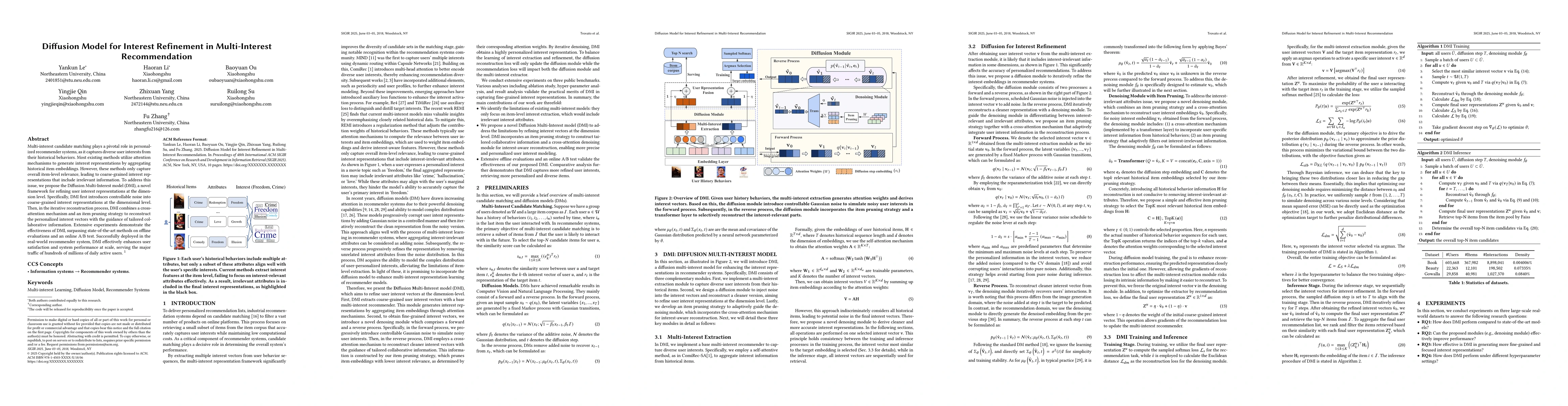 Thumbnail for Diffusion Model for Interest Refinement in Multi-Interest Recommendation