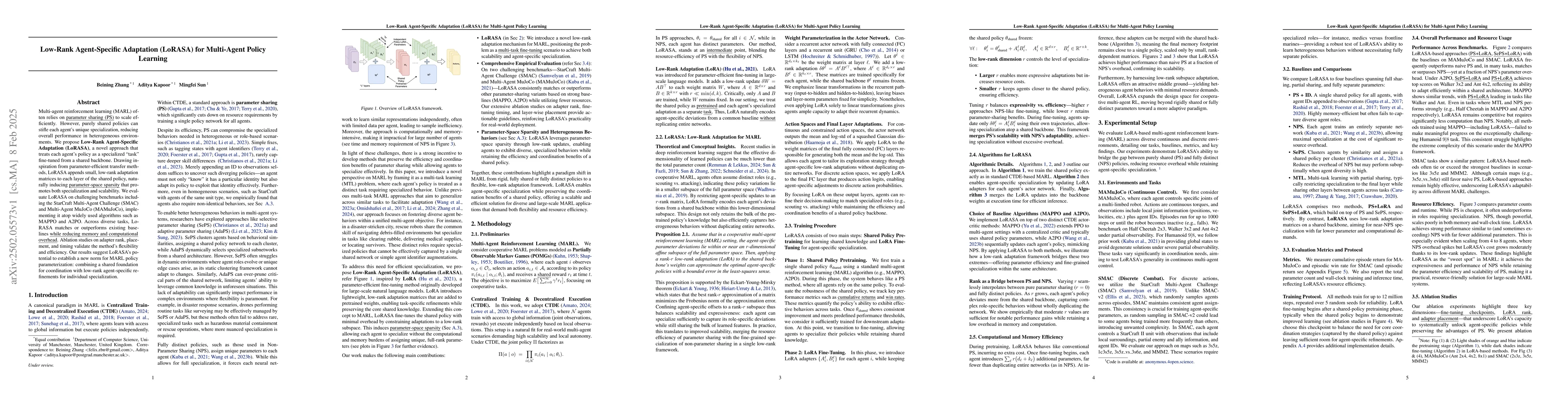 Thumbnail for Low-Rank Agent-Specific Adaptation (LoRASA) for Multi-Agent Policy
  Learning