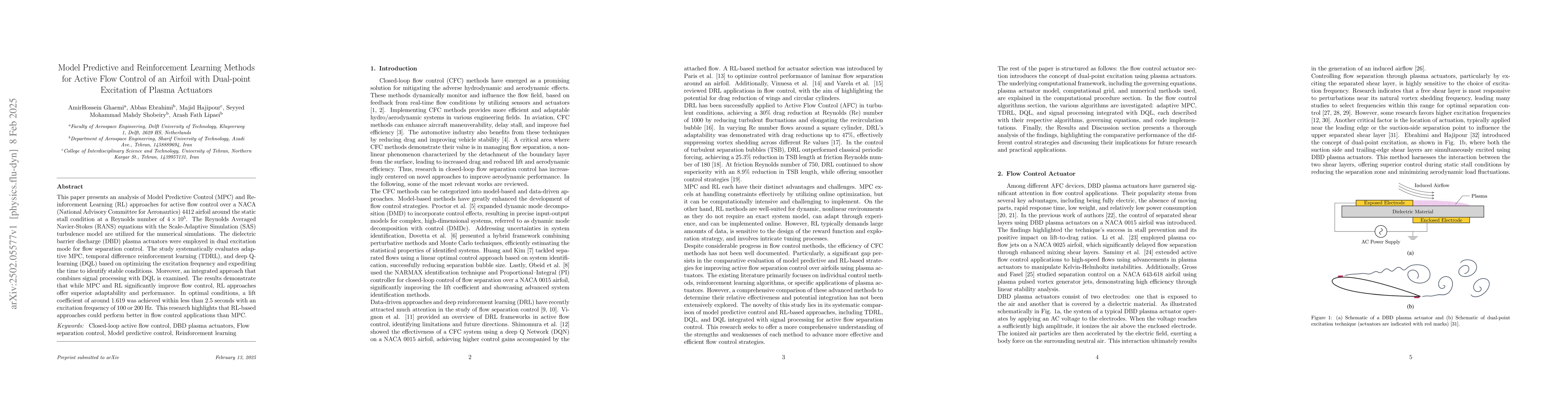 Thumbnail for Model Predictive and Reinforcement Learning Methods for Active Flow
  Control of an Airfoil with Dual-point Excitation of Plasma Actuators