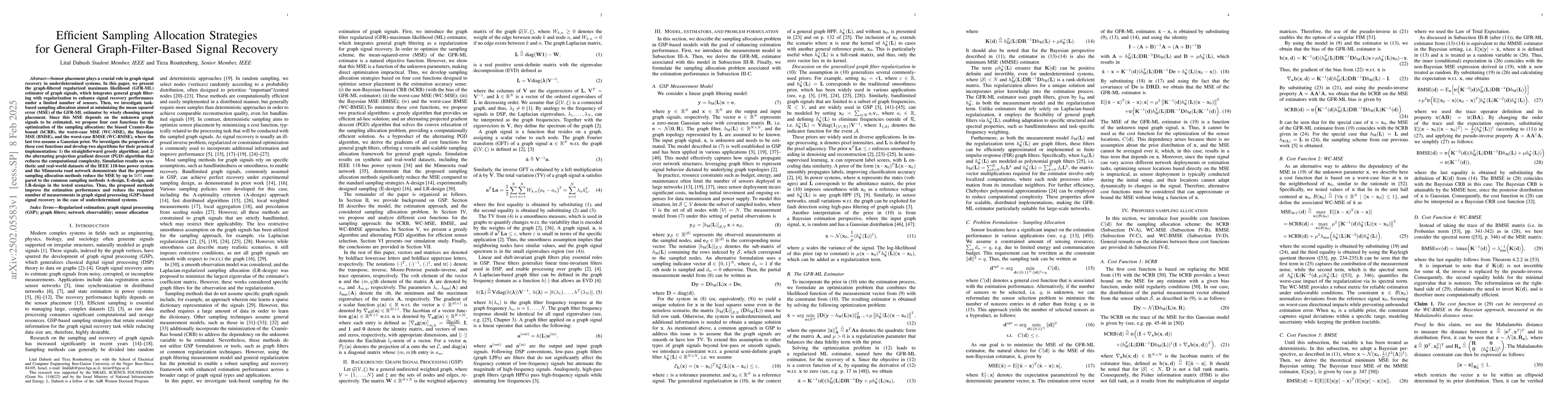 Thumbnail for Efficient Sampling Allocation Strategies for General Graph-Filter-Based
  Signal Recovery