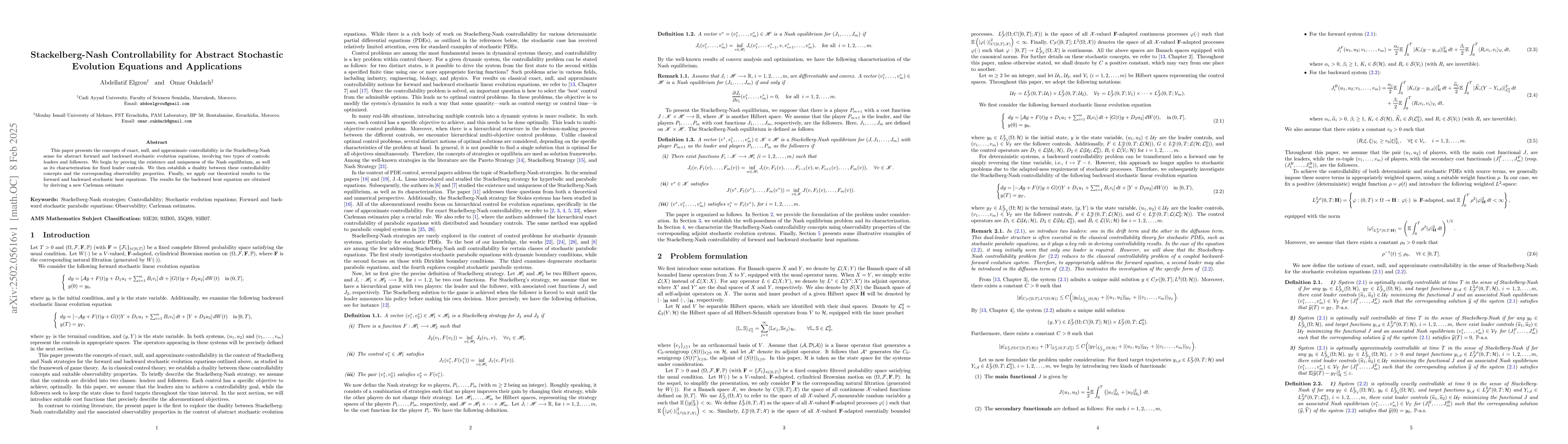 Thumbnail for Stackelberg-Nash Controllability for Abstract Stochastic Evolution
  Equations and Applications
