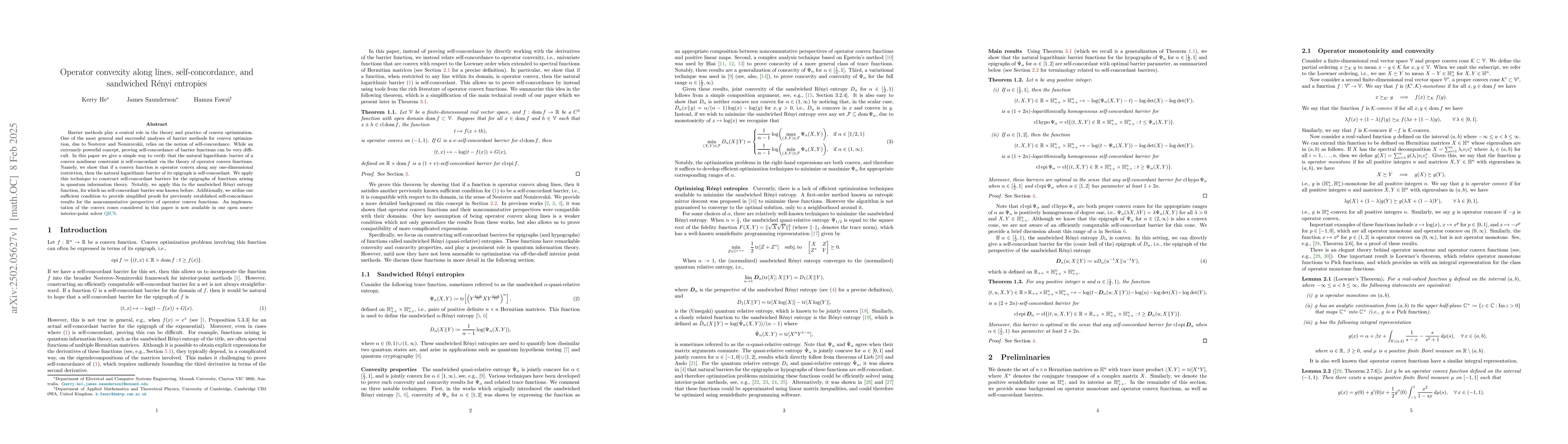 Thumbnail for Operator convexity along lines, self-concordance, and sandwiched Rényi
  entropies