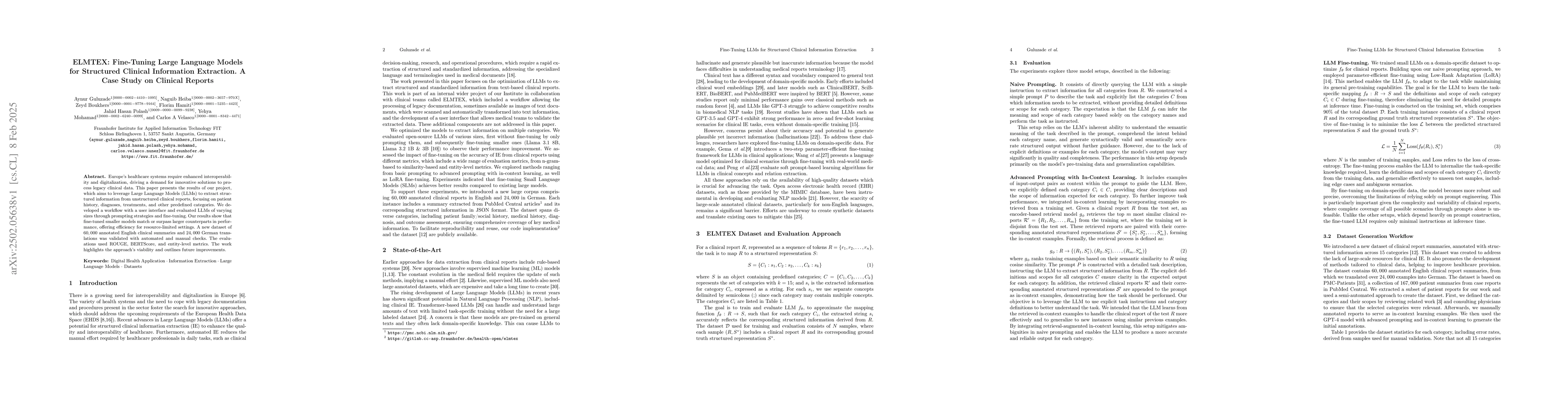 Thumbnail for ELMTEX: Fine-Tuning Large Language Models for Structured Clinical
  Information Extraction. A Case Study on Clinical Reports