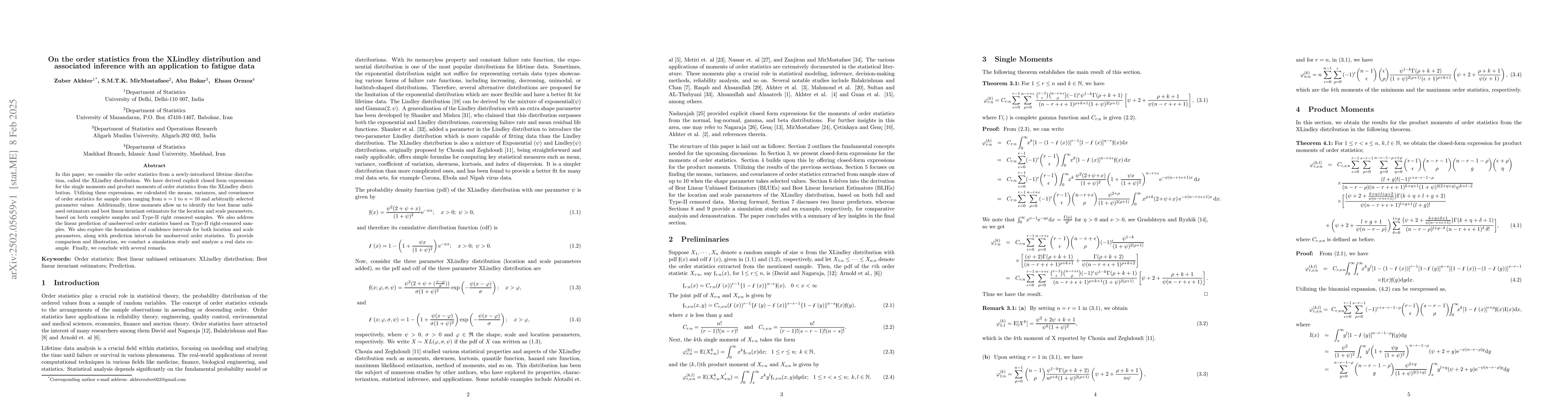 Thumbnail for On the order statistics from the XLindley distribution and associated
  inference with an application to fatigue data