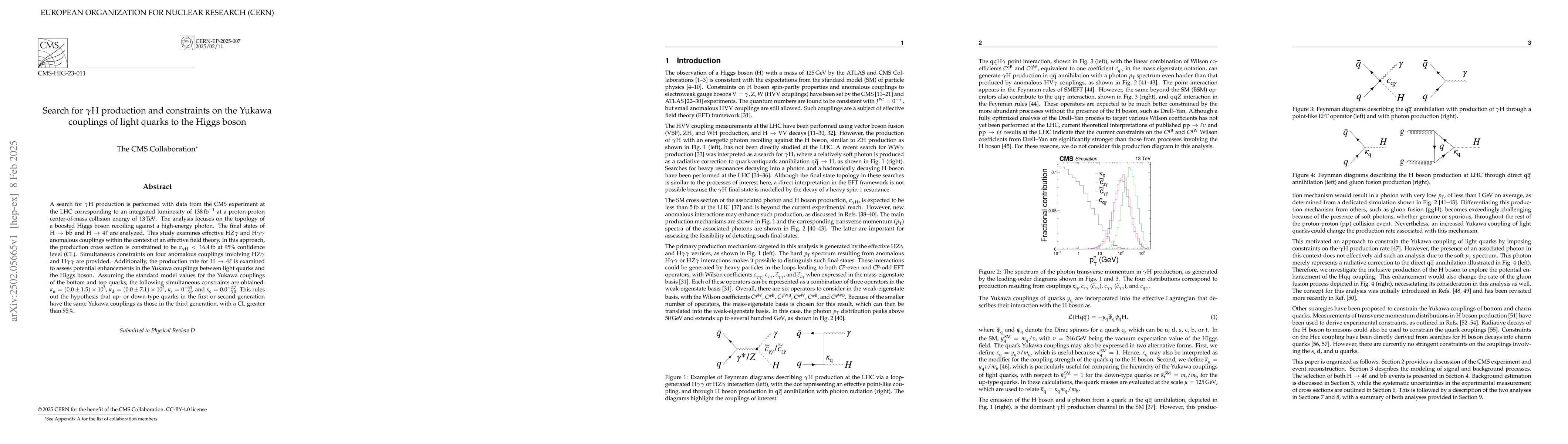 Thumbnail for Search for $γ$H production and constraints on the Yukawa couplings
  of light quarks to the Higgs boson