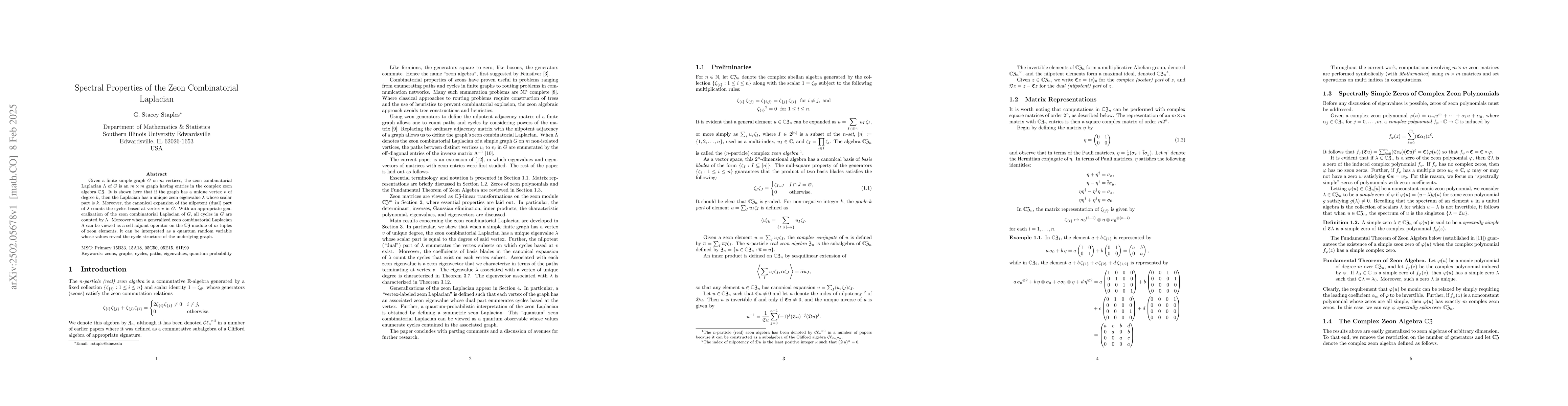 Thumbnail for Spectral Properties of the Zeon Combinatorial Laplacian