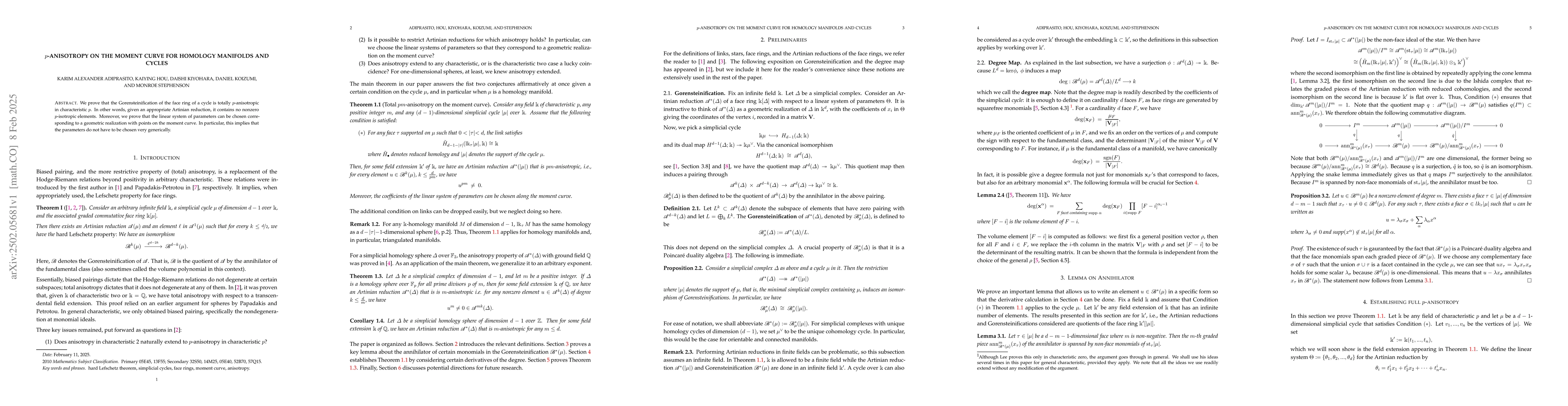 Thumbnail for $p$-anisotropy on the moment curve for homology manifolds and cycles