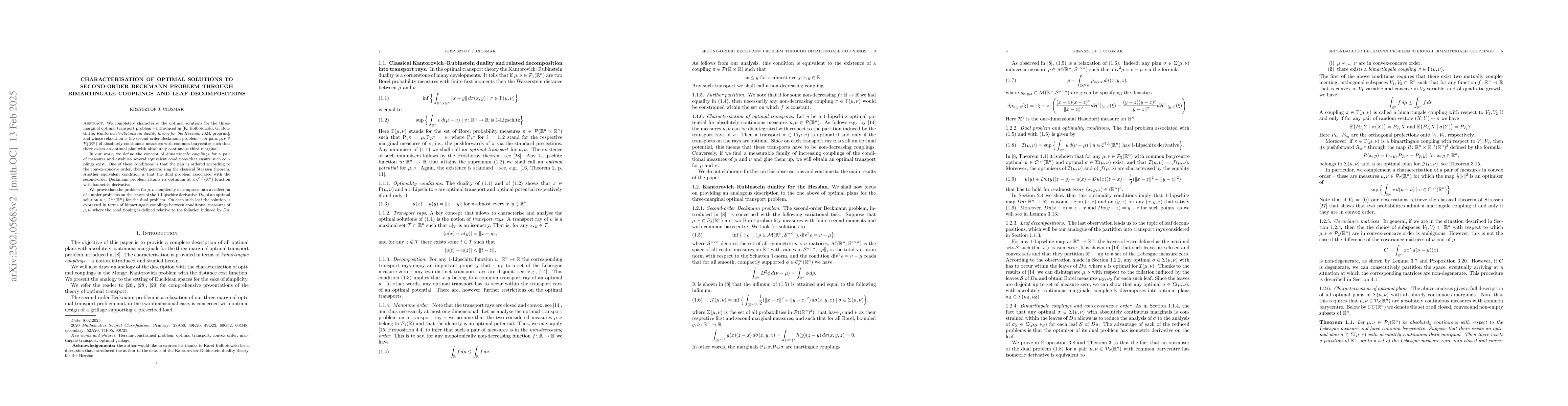 Thumbnail for Characterisation of optimal solutions to second-order Beckmann problem
  through bimartingale couplings and leaf decompositions