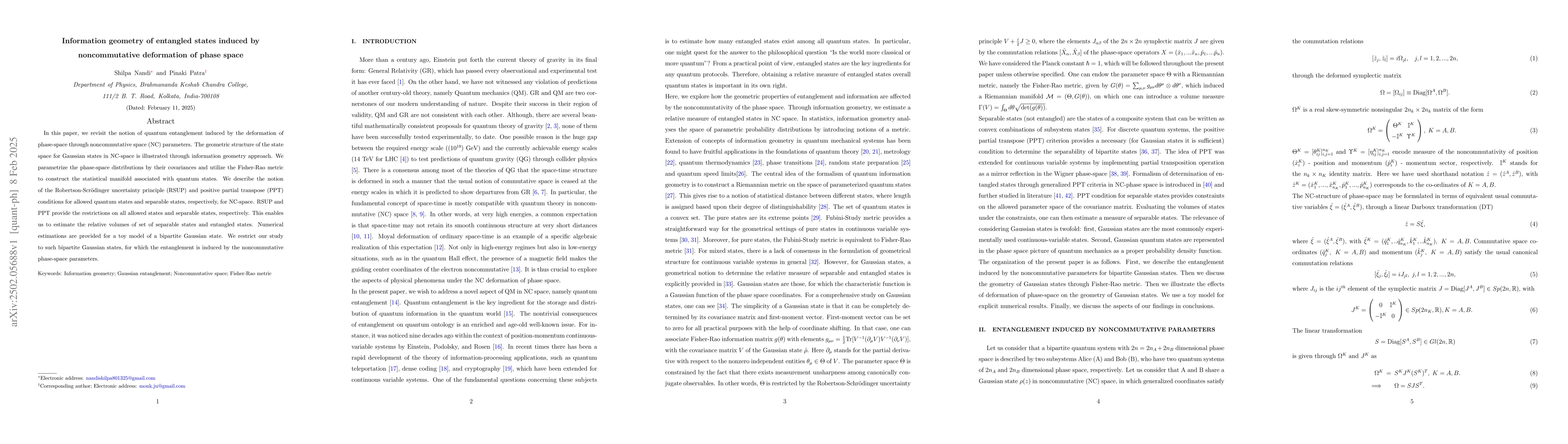 Thumbnail for Information geometry of entangled states induced by noncommutative
  deformation of phase space