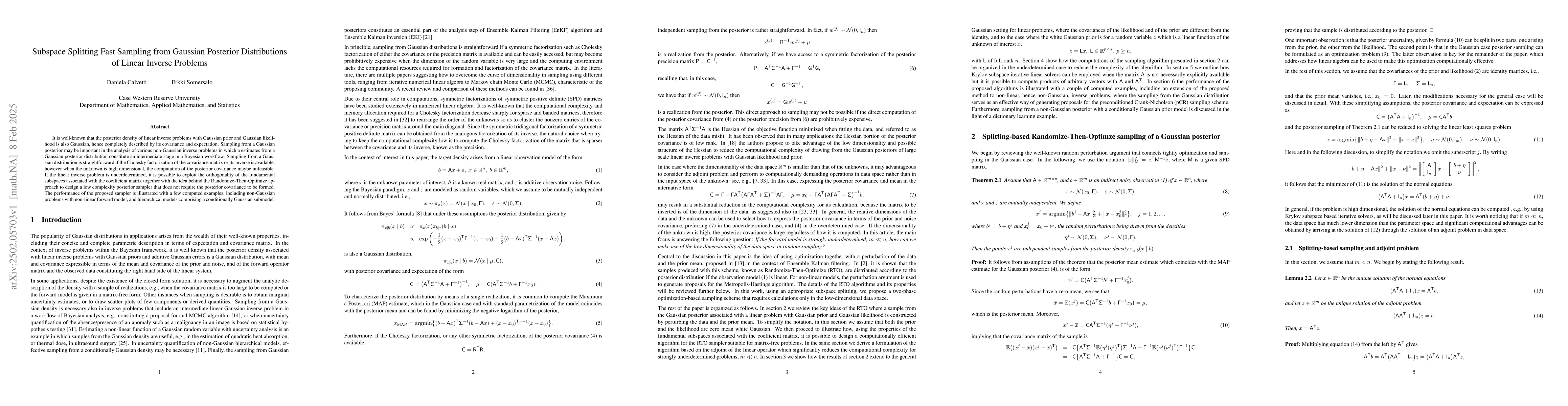 Thumbnail for Subspace Splitting Fast Sampling from Gaussian Posterior Distributions
  of Linear Inverse Problems