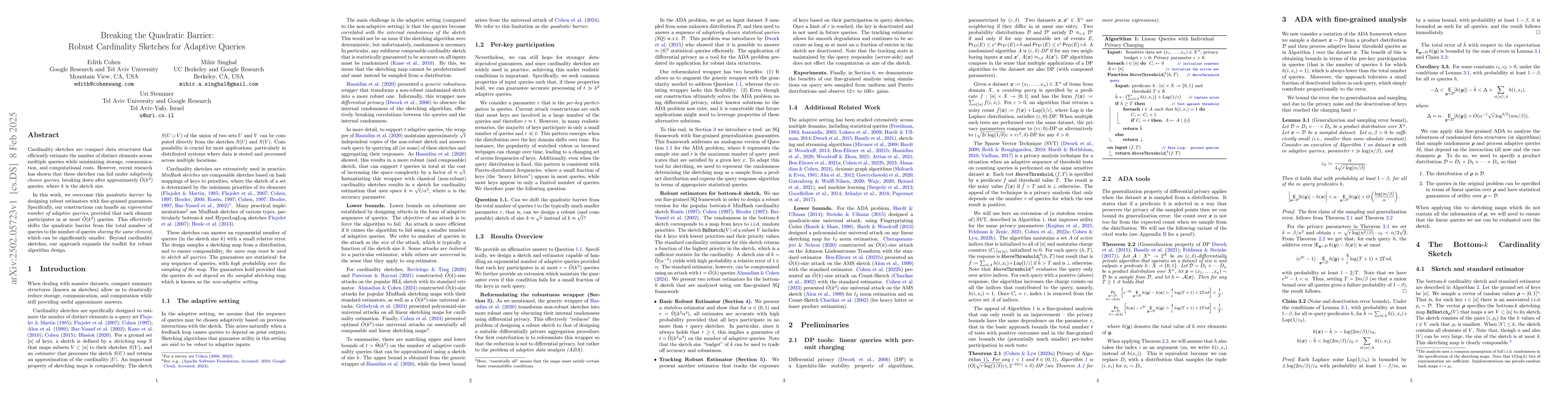 Thumbnail for Breaking the Quadratic Barrier: Robust Cardinality Sketches for Adaptive
  Queries