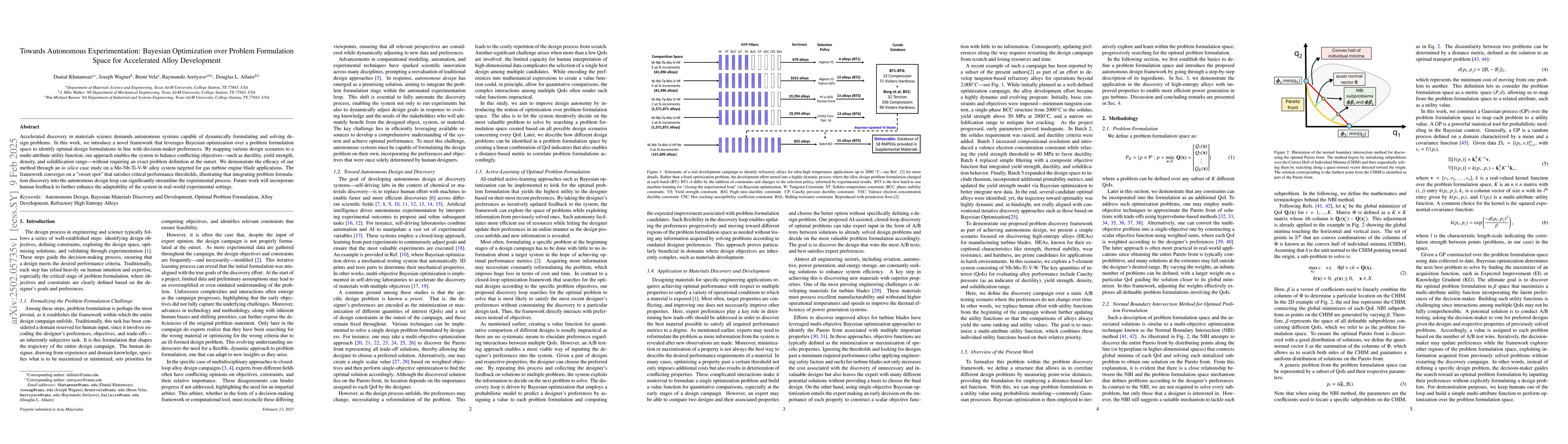 Thumbnail for Towards Autonomous Experimentation: Bayesian Optimization over Problem
  Formulation Space for Accelerated Alloy Development