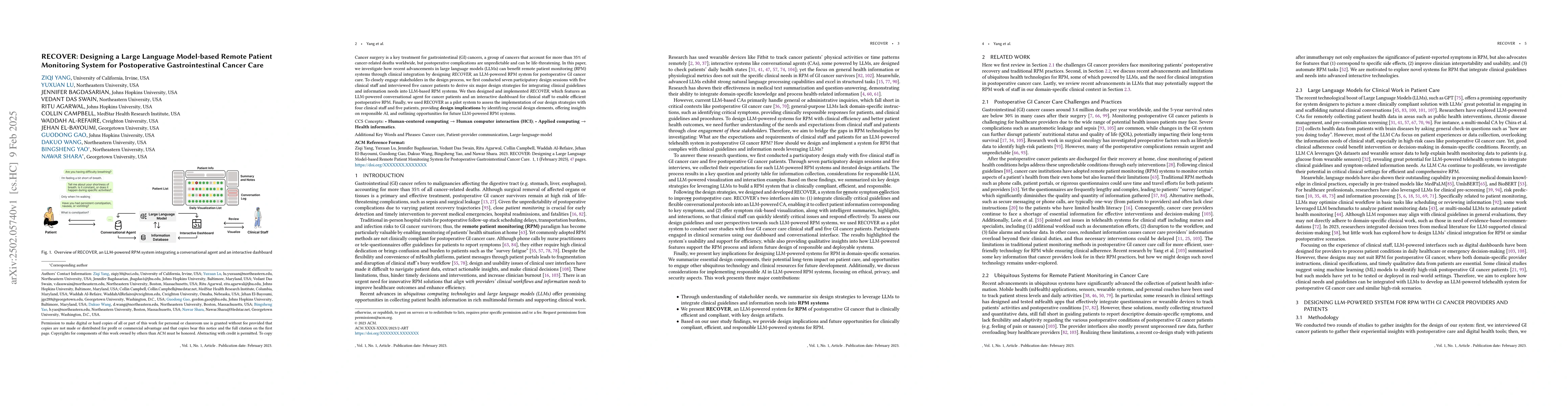Thumbnail for RECOVER: Designing a Large Language Model-based Remote Patient
  Monitoring System for Postoperative Gastrointestinal Cancer Care