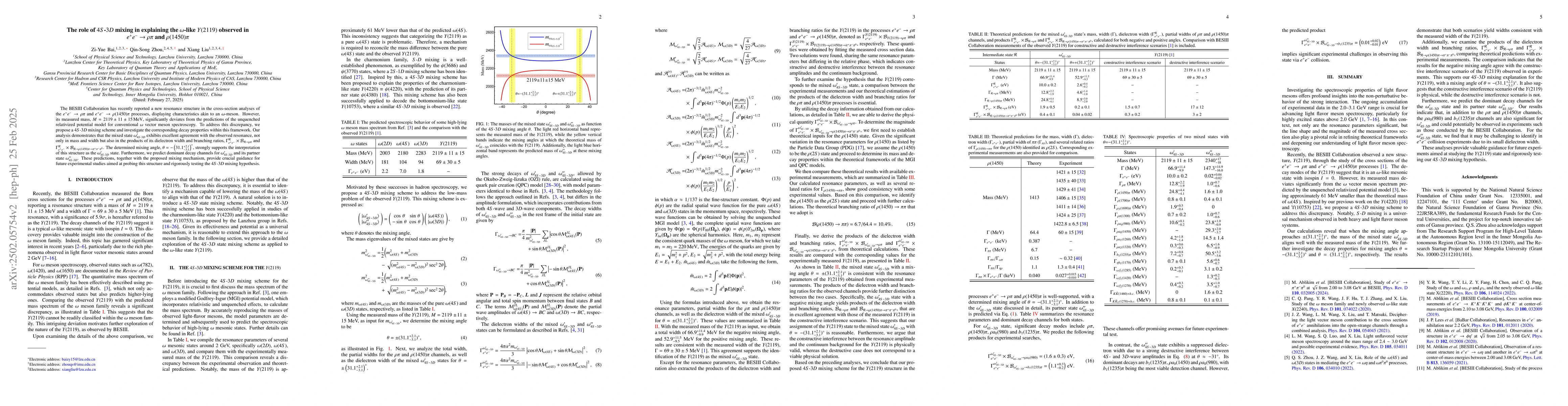 Thumbnail for The role of $4S$-$3D$ mixing in explaining the $ω$-like $Y(2119)$
  observed in $e^+e^-\toρπ$ and $ρ(1450)π$
